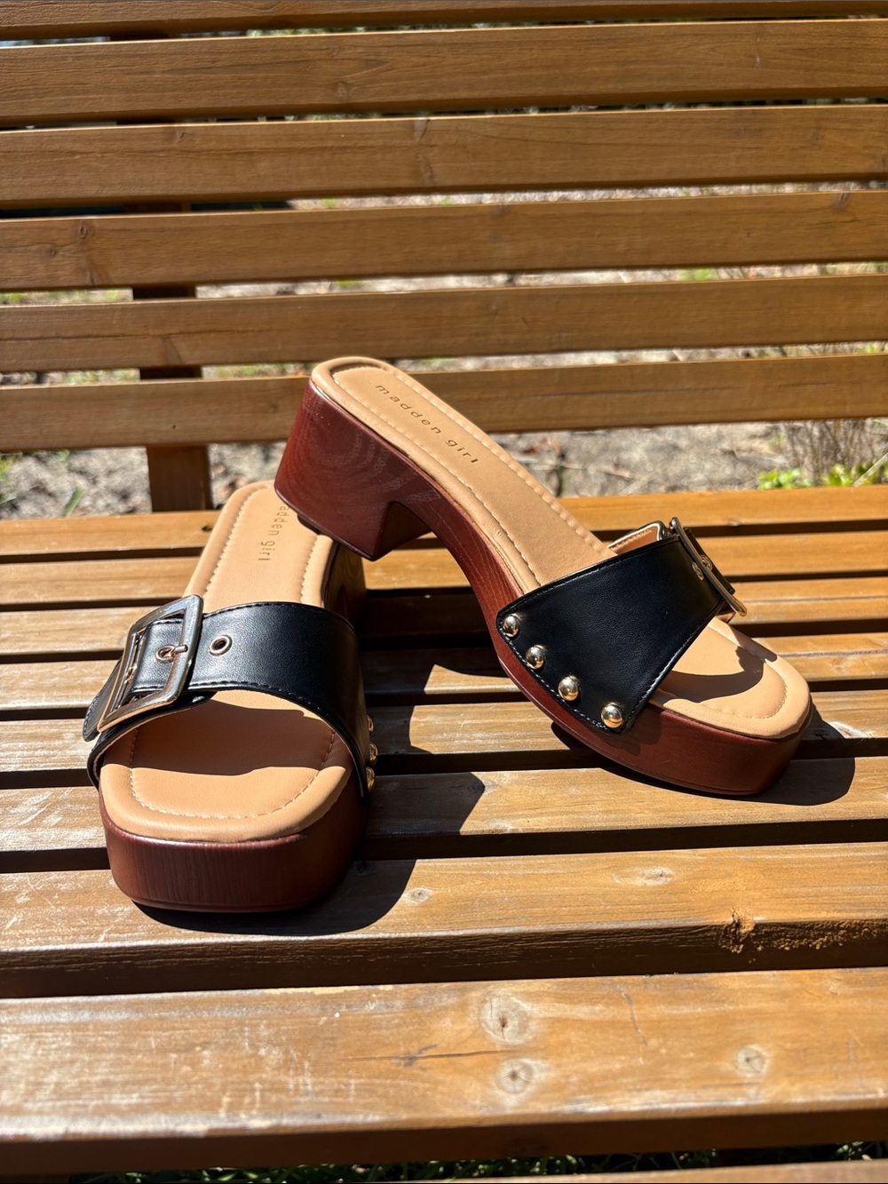 Y2K Madden Girl Black Leather Buckle Platform Mules with Wood-Tone Heel